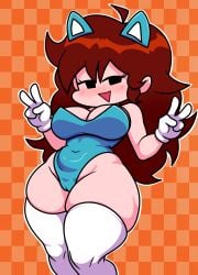 friday_night_funkin friday_night_funkin_mod mega_cd_locked-on girlfriend_(friday_night_funkin) girlfriend_(mods) mega_cd_girlfriend sonic_the_hedgehog_(cosplay) moltarhailk223 female 1girls auburn_hair long_hair fake_animal_ears smile open_mouth blush leotard big_breasts cleavage gloves v double_v thick_thighs thighhighs cameltoe checkered_background tagme