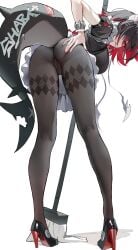 1girls animal_tail ass black_hair cigarette clothed dress ellen_joe female female_focus female_only from_behind from_below fully_clothed fungi542 gompang_11 hand_on_ass high_heels legs looking_at_viewer maid_dress maid_outfit multicolored_hair no_panties pantyhose pussy red_eyes red_hair shark_tail standing thighs tight_clothing upskirt zenless_zone_zero