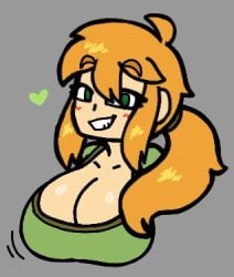 1girls ahoge alex_(minecraft) bangs big_breasts blush blush_lines breast_focus breasts breasts_focus bust bust_portrait busty cleavage clothed clothing eyebrows_visible_through_hair eyelashes female female_only ftrashpickle fuzzycapsule08 green_eyes green_heart green_shirt grey_background grin grinning heart huge_breasts large_breasts light-skinned_female light_skin long_hair looking_at_viewer microsoft minecraft mojang motion_lines orange_hair ponytail portrait shiny_breasts shiny_hair shiny_skin shirt smile smiling solo tied_hair toothy_grin xbox_game_studios