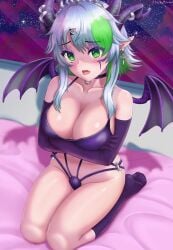 1girls arms_crossed arms_crossed_under_breasts arms_under_breasts artist_name bare_shoulders belly_button big_breasts bikini bikini_bottom bikini_top blush breasts cheek_markings choker cleavage collarbone crossed_arms earrings embarrassed eyelashes eyeshadow feet female froot gloves green_eyes green_hair grey_hair hairclip horn_piercing horns huge_breasts indie_virtual_youtuber kneeling large_breasts looking_at_viewer multicolored_hair navel nervous oerba_yun_fang on_knees open_mouth pale-skinned_female pale_skin parted_bangs pointy_ears pose posing purple_eyeshadow seductive_pose sexy_pose short_hair shoulder_gloves socks solo space sturdyplywood swept_bangs thighs tiara tongue virtual_youtuber vtuber wide_hips wings