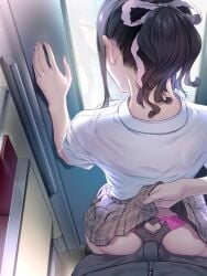 1boy 1girls against_wall ass ass_focus black_hair bow bulge bulge_through_clothing buttjob buttjob_over_clothes dry_humping erection erection_under_clothes from_behind grinding heart panties plaid_skirt ponytail pov reflection school_uniform skirt skirt_lift skirt_up standing train train_interior window