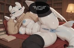 1girls 2d 2d_(artwork) 2d_artwork ai_generated animal_ears anus areolae artist_name ass ass_bigger_than_head ass_cleavage ass_crack ass_focus asshole bat_girl big_ass big_butt big_thighs black_legwear blue_eyes blue_nipples book book_stack bookshelf bottomless breasts brown_sweater butt_crack butt_focus buttocks clitoris clothes_lift colored_nipples colored_skin curvy curvy_body curvy_female curvy_figure detailed_background dragon_girl english_text female female_focus fins fish_tail furry furry_breasts furry_ears furry_female furry_only furry_tail genitals half-closed_eyes hand_on_own_face head_rest hind_legs how_to_train_your_dragon how_to_train_your_dragon:_the_hidden_world how_to_train_your_dragon_2 indoors juicy_ass juicy_butt juicy_pussy lamp large_ass large_breasts large_butt large_thighs leg_up legs light_fury long_sleeves looking_at_viewer lying meevow monster_girl navel nipples no_bra nubless on_side patreon_logo patreon_username pillow plump_labia pussy ribbed_sweater seductive shark_tail shiny shiny_skin smile snout solo speech_bubble spread_legs sweater sweater_lift tail thicc thicc_thighs thick thick_ass thick_butt thick_hips thick_legs thick_thighs thighhighs thighs turtleneck turtleneck_sweater uncensored vagina vulva watermark white_hair wings yiff