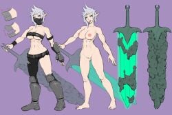 abs armored_boots asymmetrical_clothes axl_crow belt belt_buckle black_belt black_pants blue_eyes boots breasts buckle chest_belt cleft_of_venus commentary completely_nude demonherd english_commentary female grey_hair highres holding holding_sword holding_weapon huge_weapon large_breasts looking_at_viewer mask metal_mask multiple_views nipples nude open_mouth pants pointy_ears purple_background pussy reference_sheet seyhla_(demonherd) short_hair simple_background single_pantsleg sword toned toned_female tongue tongue_out torn_clothes torn_pants weapon