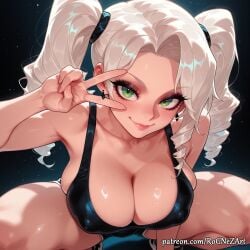 1girl 2026 ai_generated anime bangs bare_shoulders black_cat_(marvel) blush boobs breasts cleavage closed_mouth collarbone covered_nipples crossover drill_hair earrings eye_contact eyelashes eyeshadow felicia_hardy female female_focus flushed green_eyes highres huge_breasts jewelry large_breasts lips long_hair looking_at_viewer makeup marvel marvel_comics marvel_rivals mascara neutral_expression nsfw parted_bangs patreon patreon_username pigtails rognezart shiny shiny_skin shorts smile smiling solo squatting thick_thighs thighs twin_drills twintails v v_over_eye very_long_hair white_hair