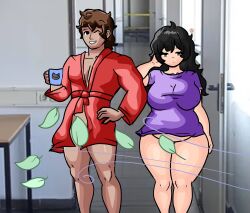 1boy 1girls alternate_version_available bathrobe black_eyes black_hair bottomless bottomless_female bottomless_male breasts chetoh chubby chubby_female claire_(chetoh) convenient_censoring eggmale female hair human human_claire humanized leaf leaf_censor male messy_hair mug oc original original_character original_characters photo_background purple_shirt purple_topwear red_bathrobe shirt shirt_only smile smiling smiling_at_viewer tired tired_eyes tired_look wind wink winking winking_at_viewer