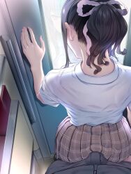 1boy 1girls against_wall ass black_hair bow bulge bulge_through_clothing buttjob buttjob_over_clothes dry_humping erection erection_under_clothes from_behind grinding plaid_skirt ponytail pov reflection school_uniform skirt standing train train_interior window