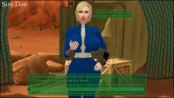 3d big_breasts big_lips blonde_hair caption curvy curvy_body curvy_female curvy_figure curvy_hips curvy_thighs english_dialogue english_subtitles english_text fallout fallout_(series) high_resolution original_character pip-boy sim_doe speech_bubble stacey_wilson(sim_doe) text text_bubble the_sims the_sims_4 vault_dweller vault_suit vaultmeat(sim_doe)