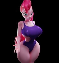 1girls 3d anthro anthrofied big_breasts big_hips big_tail big_thighs black_background blue_eyes busty earth_pony female_only friendship_is_magic hand_gesture iammedraws long_hair looking_at_viewer my_little_pony one_piece_swimsuit pink_body pink_hair pink_tail pinkie_pie_(mlp) pony purple_swimsuit simple_background solo solo_female standing swimsuit three-quarter_portrait three_quarter_view underboob