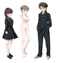 1boy 2girls barefoot breasts censored clockup clothed_female_nude_female clothed_male_nude_female creepy embarrassed euphoria euphoria_(clockup) feet game_cg hamashima_shigeo manaka_nemu multiple_girls nude official_art simple_background teen teen_boy teen_girl teenage teenage_boy teenage_girl teenager young