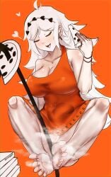1girls big_breasts big_cleopatra breasts cleavage closed_eyes eromoggy fanart feet feet_fetish food foot_fetish going_commando little_caesars orange_background orange_dress pizza pizza_delivery shiromoggy solo toes upskirt white_body white_hair white_skin