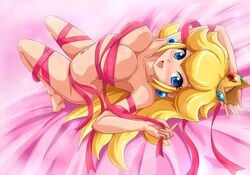 1girls arched_back armpits barefoot big_breasts blonde_hair blue_eyes blush breasts busty color colored crown feet female full_body gift huge_breasts light-skinned_female light_skin mario_(series) meme nintendo present princess_peach ribbon ribbon_bondage sexy_armpits sigurdhosenfeld solo