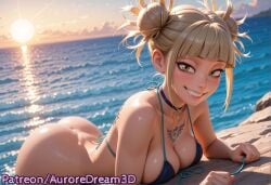 ai_generated ass beach bikini blonde_hair blue_bikini blunt_bangs blush boku_no_hero_academia bottomless breasts choker cleavage cloud collarbone double_bun female grin hair_bun himiko_toga looking_at_viewer lying medium_breasts meitabuu messy_hair my_hero_academia ocean on_stomach outdoors sky smile solo sun sunset swimsuit tattoo toga_himiko water yellow_eyes
