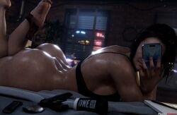 1girls 3d ass bra bubble_butt capcom female jill_valentine jill_valentine_(sasha_zotova) panties panties_around_one_leg phone resident_evil resident_evil_3 resident_evil_3_remake rezzio19 selfie wet wet_body