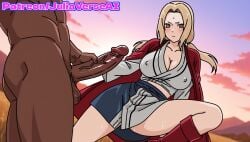 1boy ai_generated blonde_hair blush boruto:naruto_next_generations breasts brown_eyes cleavage clothed_female_nude_male collarbone covered_nipples dark-skinned_male dark_skin erection facial_mark female forehead_mark grey_kimono hd interracial japanese_clothes kimono large_breasts large_penis long_hair low_twintails mature_female naruto naruto(series) naruto_(series) nude outdoors penis skirt sky solo_focus straight sunset sweat testicles tsunade tsunade_(naruto) twintails uncensored veins veiny_penis