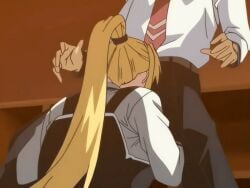 00s 1boy 1girls 2006 animated anime_screenshot ass bible_black bible_black_only black_thighhighs blonde_hair bow bowtie breasts classroom cum cum_in_mouth fellatio female grabbing_another's_head kneeling large_breasts legs_apart long_hair miniskirt oral panties pantyshot penis penis_grab ponytail red_skirt saeki_kaori school school_uniform shirt shoes sidelocks skirt straight tagme thighhighs uncensored underwear upskirt white_panties white_shirt