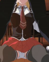 00s 1boy 1girls 2006 animated anime_screenshot ass bible_black bible_black_only blonde_hair bouncing_breasts bow bowtie breasts classroom desk fellatio female kneeling large_breasts legs_apart miniskirt oral panties pantyshot penis penis_grab red_skirt saeki_kaori school school_uniform skirt stitched straight tagme third-party_edit uncensored underwear upskirt white_panties