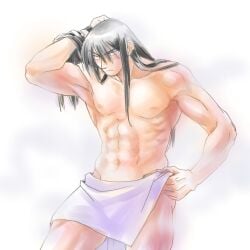 1boy abs after_bath armpits arms_up biceps big_areola black_hair blush broad_shoulders collarbone embarrassed eyebrows_visible_through_hair gay hi_res itou_kaiji kaiji legs_apart light_skin long_hair looking_at_viewer male male_only manly mature_male mayuge_ear messy_hair muscles muscular muscular_arms muscular_male navel no_body_hair pecs sanpaku six_pack small_pupils solo standing steam topless towel towel_around_waist towel_only ultimate_survivor_kaiji white_background yaoi
