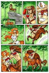 2013 animal_genitalia_on_humanoid armor brown_hair centaur comic equine female forest hair headband horse horsecock_on_humanoid human leather lipstick male mammal orange_hair penis pointy_ears rainsingingdragon sex shoulder_pads taur toga tree wristband