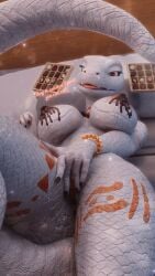 3d_(artwork) absurd_res albino anthro anus areola arm_tattoo bed big_breasts black_nails bracelet breasts candy chocolate chocolate_on_breasts colored_nails crusch_lulu dessert dialogue digital_media_(artwork) english_text female flesh_fang floor food furniture genitals hi_res high-angle_view jewelry leg_tattoo lizard lizardman lizardman_(overlord) looking_at_viewer lying lying_on_bed mrs_dexie nails necklace nipples non-mammal_breasts non-mammal_nipples non-mammal_vulva on_back on_bed overlord_(series) particles red_eyes reptile scales scalie solo tail talking_to_viewer tattoo text thick_tail thick_thighs thigh_tattoo tongue tongue_out vulva white_body white_scales wide_hips wood wood_floor
