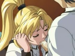 00s 1boy 1girls 2006 animated anime_screenshot bible_black bible_black_only blonde_hair bow bowtie breasts classroom closed_eyes fellatio female high_ponytail long_hair moaning necktie oral penis ponytail purple_eyes red_skirt saeki_kaori school school_uniform shirt sideboob sidelocks skirt smile sound tagme thighhighs video white_shirt