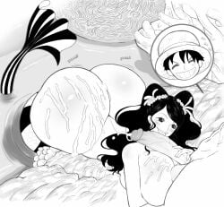 ass big_ass big_breasts big_penis black_hair breasts busty cum cum_drip cum_in_ass cum_on_body enormous_ass fat_ass female grabbing_penis huge_ass huge_breasts ishilly large_penis line_art luffy male monkey_d_luffy one_piece scar scar_on_chest siren sketch smile straw_hat thanuki thanukiart veiny_penis