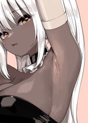 armpit_focus armpits axillary_tail_of_spence black_choker blush breasts choker closed_mouth dark-skinned_female dark_skin elbow_gloves eyelashes female frilled_choker frills gloves highres large_breasts lips long_hair looking_at_viewer orange_eyes original presenting_armpit solo sunaba_suzume sweaty_armpits very_dark_skin white_hair