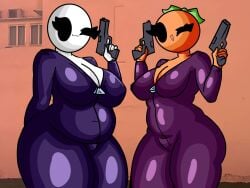 2girls :3 bald bald_female belly belly_button black_eyes bodysuit breasts chetoh chubby chubby_female claire_(chetoh) cleavage clothed egg female female_focus female_only green_body gun holding_object holding_weapon leaf leaf_hair looking_at_viewer mandy_(chetoh) oc orange orange_body original original_character original_characters photo_background smile smiling smiling_at_viewer tight_clothing white_body wink winking winking_at_viewer zipper