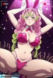 1girls ai_generated aimisaka alternate_version_at_source alternate_version_available animal_ears arms_up artist_name battery_indicator bikini blush braid breasts cameltoe cleavage confetti covered_nipples crowd demon_slayer detached_collar earrings fake_animal_ears female female_only gradient_hair green_eyes green_hair jewelry kanroji_mitsuri kimetsu_no_yaiba large_breasts long_hair looking_at_viewer mitsuri_kanroji mole mole_under_each_eye mole_under_eye multicolored_hair multiple_moles navel o-ring o-ring_bikini parted_lips patreon_logo patreon_username pink_bikini pink_footwear pink_hair rabbit_ears rabbit_pose recording solo spread_legs squatting swimsuit twin_braids two-tone_hair white_gloves