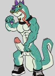 anthro balls biceps big_muscles collar digital_media_(artwork) erection facial_piercing flexing flexing_bicep geeko genitals goat_(movie) komodo_dragon krekel lizard looking_at_viewer male modo_olachenko monitor_lizard muscular muscular_anthro muscular_male nipples nose_piercing nose_ring nude offering_to_viewer open_mouth pecs penis piercing presenting reptile ring_piercing scales scalie simple_background smile solo sony_corporation tail tongue tongue_out