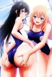 2girls adolescent ai_generated black_hair blue_eyes classroom_of_the_elite eyebrows_visible_through_hair eyelashes_visible_through_hair grabbing_another's_ass horikita_suzune ichinose_honami_(cote) kissing large_ass large_breasts makeup musical_instrument pleasure_face red_eyes shiny_body shiny_hair sky sweating_female swimming_pool swimsuit tagme talking_to_another teenage_girl thin_neck thin_waist video wide_hips yellow_hair yuri
