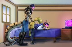 anal anal_sex anthro ass bed black_hair boots bottomwear bottomwear_down breasts brown_hair canid canine canis claws clothed clothing computer digital_media_(artwork) dinosaur dromaeosaurid duo electronics female female/female footwear fox fur furniture genitals green_hair gynomorph hair handwear headgear headphones headset herm hi_res howlfeiwolf hypnosis hypnovember hypnovember2025 inside intersex intersex/female jacket long_hair lying mammal mind_control nipples on_bed open_mouth pants pants_down partially_clothed penetration penile penis pink_hair prehistoric_species reptile saurischian scales scalie sex shirt shoes spiral stormwave_(character) stripes tail theropod tongue tongue_out topless topwear true_fox velociraptor