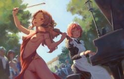 2girls 6+others bigrbear breasts brown_hair dress green_eyes highres holding holding_instrument holding_violin instrument long_hair maid medium_breasts multiple_girls multiple_others ophelia_(bigrbear) original outdoors piano pussy red_dress red_eyes red_hair short_hair sitting standing uncensored violin