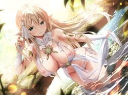 1girls blonde_hair blush breasts cameltoe cleavage clothed dress elf elf_ears elf_female elf_girl female female_only forest hair_ornament highres in_water jewelry large_breasts long_hair nipples nipples_visible_through_clothing original panties pointy_ears river see-through see-through_clothing see-through_dress shimofuri_takenoko tree water wet