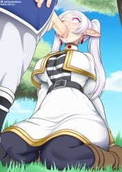 1boy alternate_breast_size_(larger) belt black_belt boots breasts brown_boots capelet cum cum_in_mouth day earrings fellatio female frieren grass green_eyes grey_hair himmel_(sousou_no_frieren) jewelry large_breasts long_hair long_sleeves neocoill oral outdoors pants parted_bangs penis pointy_ears shirt sousou_no_frieren straight striped_clothes striped_shirt testicles tree twintails web_address white_capelet white_hair white_pants