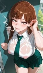 ai_generated bangs brown_eyes brown_hair demon_slayer kimetsu_no_yaiba long_hair mizuki_hoshizora mocking mocking_viewer my_hero_academia nipple_bulge nipples nipples_visible_through_clothing original_character pale_skin pink_nipples school school_uniform schoolgirl schoolgirl_uniform see-through see-through_clothes see-through_clothing smoking smoking_cigarette taunting teasing teasing_viewer tilted_head translucent
