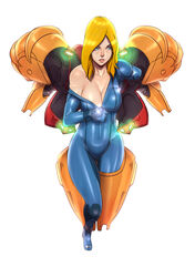 anklet armor armored_samus blonde_hair blue_eyes bodysuit breasts cleavage female female_only from_above highres human john_doe large_breasts long_hair metroid nintendo pauldrons power_armor power_suit samus_aran shiny shiny_clothes simple_background skin_tight solo standing tight_clothing undressing unzipped unzipped_bodysuit unzipped_zero_suit unzipping varia_suit zero_suit zero_suit_samus