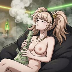 1girls ai_generated big_breasts bong closed_eyes danganronpa danganronpa:_trigger_happy_havoc exhaling_smoke junko_enoshima marijuana nude platinum_blonde_hair smoking solo stoned weed