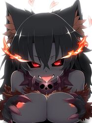 animal_ears animal_hands artist_request black_hair black_sclera blush breasts claws collar dark_skin heart hellhound hellhound_(monster_girl_encyclopedia) long_hair mamono_girl_lover monster_girl monster_girl_encyclopedia nipples open_mouth red_eyes saliva skull spiked_collar tongue