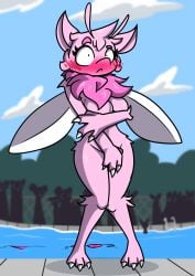 1girls anthro birbpan breasts covering embarrassed embarrassed_nude_female enf exhibitionism female furry june_(birbpan) moth nude pool tagme