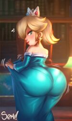 1girls aqua_dress artist_name ass bare_shoulders big_ass blonde_hair blue_eyes bookshelf breasts clothing_pull crown dress earrings flying_sweatdrops from_behind fully_clothed gloves hair_over_one_eye huge_ass indoors jewelry lips long_hair looking_at_viewer looking_back mario_(series) pantylines princess_rosalina princess_rosalina_(movie) semidraws solo super_mario_galaxy super_mario_galaxy_(2026_film) thighs tight_clothing tight_dress