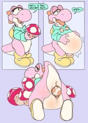 absurd_res ambiguous_gender anus before_and_after belly belly_blush belly_expansion big_belly big_clitoris blush body_blush claustrophile clitoris clothing comic digestion_implied eating egg egg_laying egg_transformation expansion feederism fungus genitals hi_res hole_(anatomy) hoodie mario_bros mass_vore mushie mushroom nintendo object_in_mouth object_vore objectum pink_yoshi solo super_mushroom tongue tongue_out topwear vore vulva yoshi