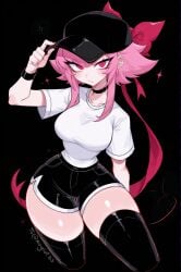 ai_assisted ai_generated brawl_stars breasts cap looking_at_viewer melodie_(brawl_stars) moglotbs oerba_yun_fang shirt shorts simple_background skin_fang supercell tagme thick_thighs thighhighs thighs