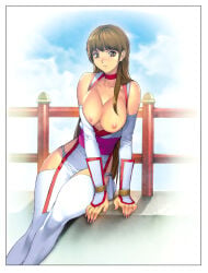 1girls bare_shoulders big_breasts blush breasts breasts_out brown_eyes brown_hair dead_or_alive dress exposed_breasts female homare_(fool's_art) japanese_clothes kasumi_(doa) kunoichi large_breasts long_hair ninja nipples sitting thighhighs white_dress white_thighhighs
