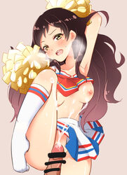 armpits arms_up bar_censor bisuke_(bisco) black_hair blush breasts breath brown_eyes censored cheerleader cum ejaculation female idolmaster idolmaster_million_live! kitazawa_shiho knee_socks kneehighs kneesocks long_hair nipples no_panties penis pom_poms skirt smile socks solo_focus sweatdrop veins veiny_penis white_socks