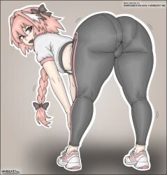 1boy 2d androgynous ass ass_focus astolfo_(fate) athletic athletic_femboy big_ass braided_hair clothed clothing fate_(series) femboy femboy_focus femboy_only feminine_male gym_clothes leaning_forward leggings looking_at_viewer looking_back male pink_eyes pink_hair ribbon round_ass shoes simple_background smiling smiling_at_viewer stretching thick thick_ass thick_legs thick_thighs thighs warbeastinc. wide_hips wide_thighs