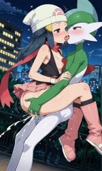 1boy ai_generated boots breast_jiggle breasts_out carrying_partner city city_background dark_blue_eyes dark_blue_hair dawn_(pokemon) female female_human/male_pokemon french_kissing gallade hat holding_ass kissing kissing_while_penetrated long_socks pink_boots pink_nipples pink_skirt pokemon pokemon_(species) pokemon_dppt pokemon_dppt_(anime) poketch red_scarf scarf skirt stand_and_carry_position standing_sex white_hat