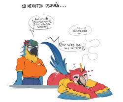 after_sex angry anthro ara_(genus) avian bent_over big_breasts bird blush bodily_fluids breasts butt cross-popping_vein cum cum_on_butt dialogue diana_(sungerart) duo female genital_fluids green_eyes heart_symbol isabella_(sungerart) macaw neotropical_parrot parrot scarlet_macaw spanish_text speech_bubble sungerart text true_parrot