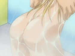 00s 1boy 1girls 2005 animated anime_screenshot ass bent_over bible_black bible_black_only blonde_hair female grabbing_another's_ass groping long_hair nude saeki_kaori showering straight tagme thighs wet wet_hair