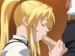 1boy 1girls 2006 animated anime_screenshot bible_black bible_black_only blonde_hair bow bowtie classroom closed_eyes fellatio female high_ponytail long_hair oral penis penis_grab ponytail saeki_kaori school school_uniform tagme veins veiny_penis