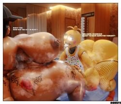 2girls 3d 3d_render alejandra_(case8001) areola artist_name ass big_ass big_breasts black_hair blue_eyes break_room breasts cap case8001 chubby chubby_female dialogue english_text female female/female fishnet_legwear fishnets five_nights_at_freddy's fnaf hairy_pussy hat huge_breasts human latina latina_female musk musk_clouds oc original original_character pubic_hair pussy room rose_tattoo tattoo tattoo_on_belly tattoo_on_legs text thicc tongue tongue_out toy_chica_(cyanu) toy_chica_(fnaf) white_text